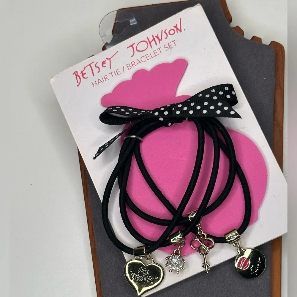 Betsey Johnson Hair Tie Bracelet Set | Black with Gold & Crystal Charms | NWT
